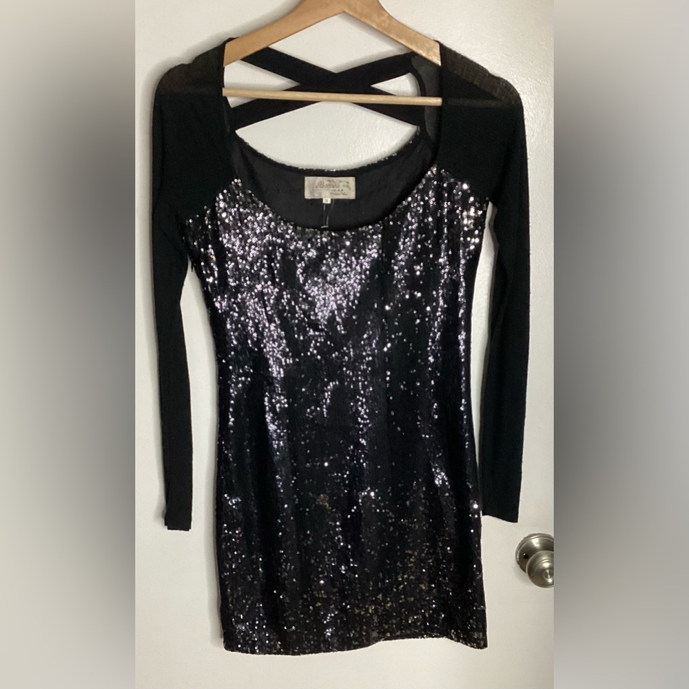 Vintage NWOT Banana Republic Black Sequin Dress With Sweater Sleeves S